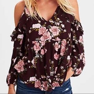 American Eagle Burgundy Cold Shoulder Top